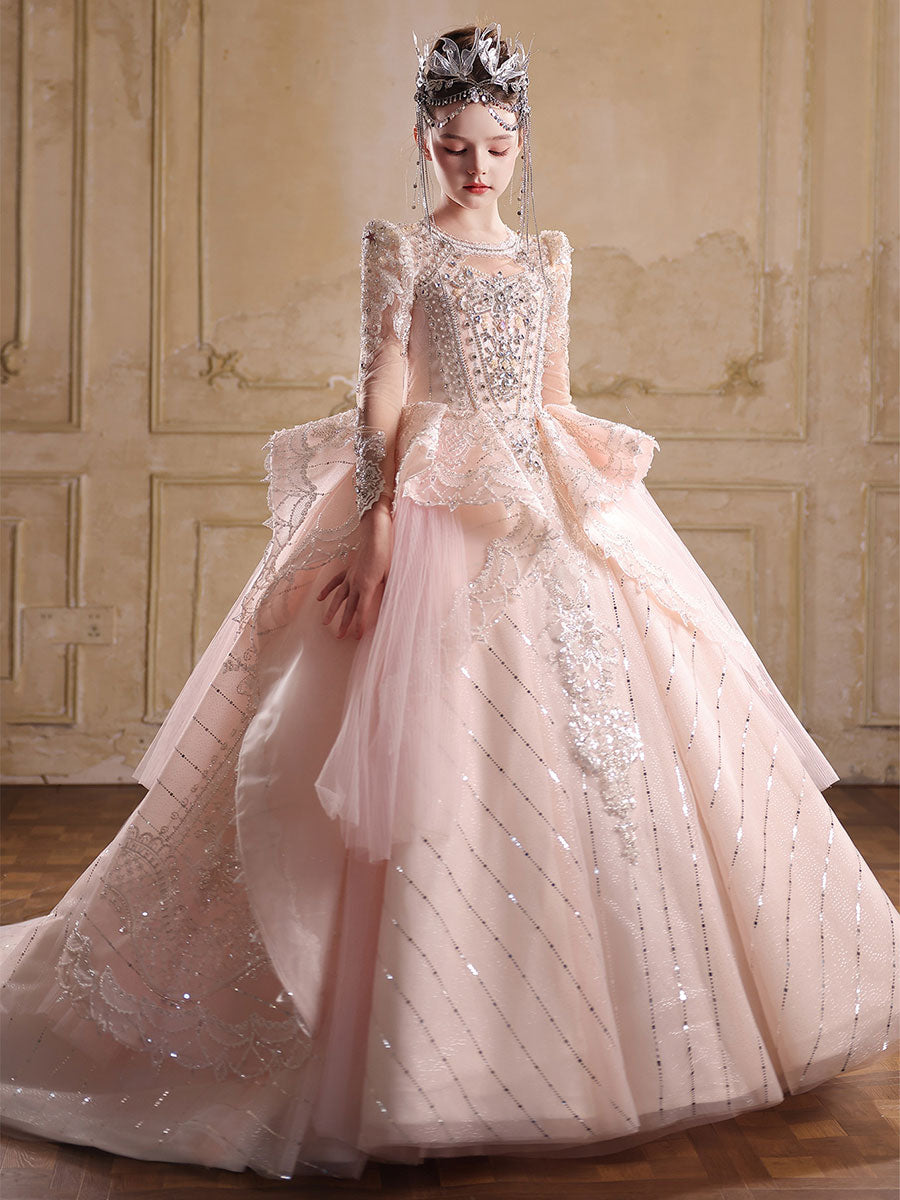 open lace back dress Royal Pink Flower Girl Dress with Long Sleeves Lace Embroidery Princes –  DreamyVow