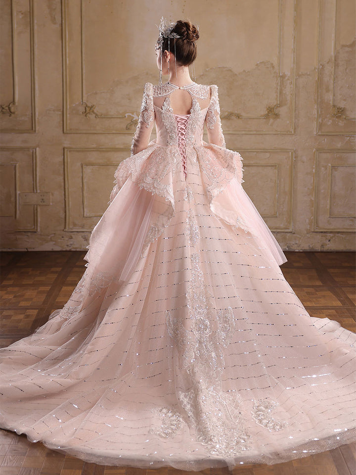 Royal Pink Flower Girl Dress with Long Sleeves Lace Embroidery Princess Ball Gown J016