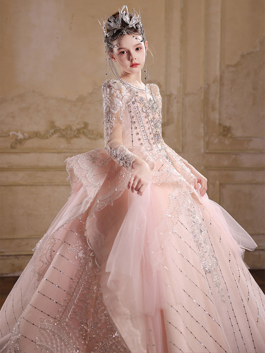 Royal Pink Flower Girl Dress with Long Sleeves Lace Embroidery Princess Ball Gown J016