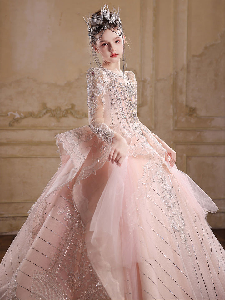 Royal Pink Flower Girl Dress with Long Sleeves Lace Embroidery Princess Ball Gown J016