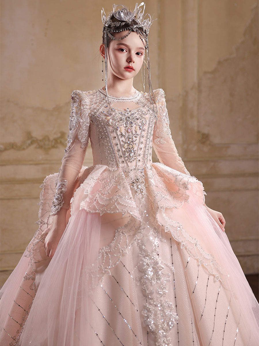 Royal Pink Flower Girl Dress with Long Sleeves Lace Embroidery Princess Ball Gown J016