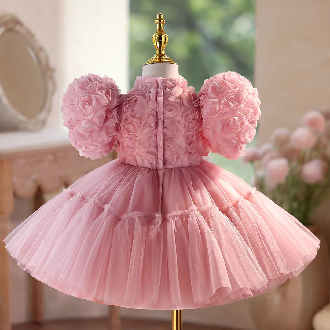 Lace Knee Length Birthday Party Princess Girl Dress Pink D092
