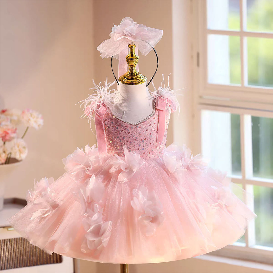 Feather Knee Length Birthday Party Flower Girl Dress Pink D093, Pink / child-4