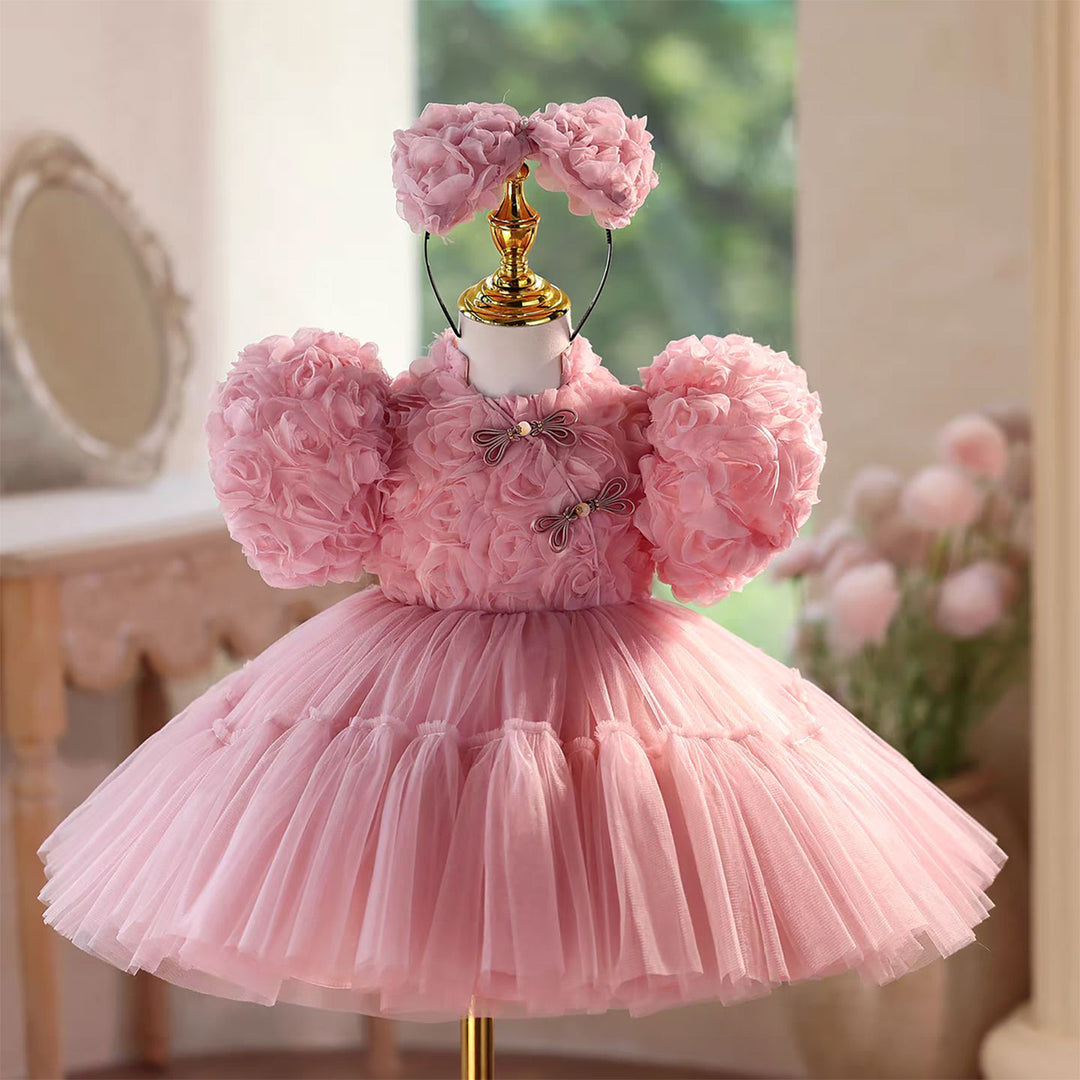 Lace Knee Length Birthday Party Princess Girl Dress Pink D092 Pink / child-2 Lace Knee Length Birthday Party Princess Girl Dress Pink D092 Pink / child-2