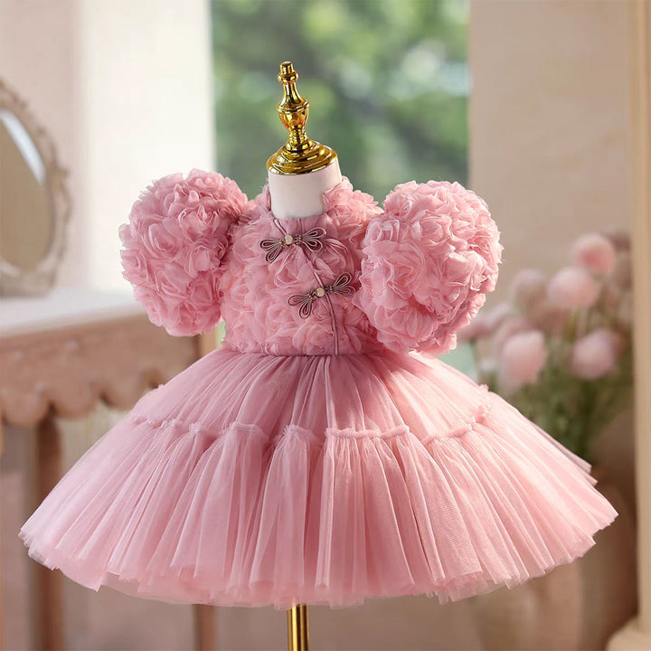 Lace Knee Length Birthday Party Princess Girl Dress Pink D092