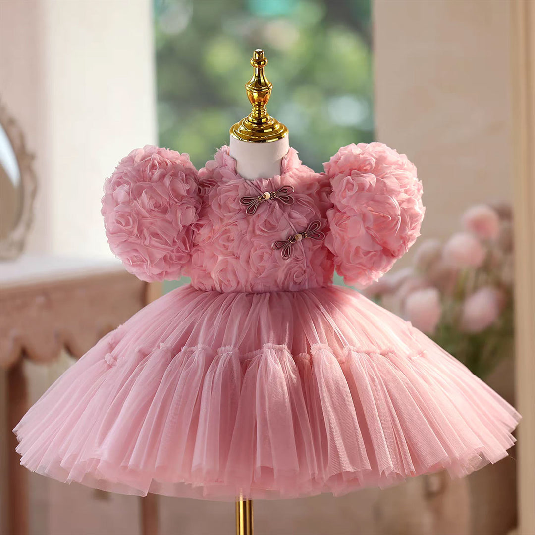 Lace Knee Length Birthday Party Princess Girl Dress Pink D092