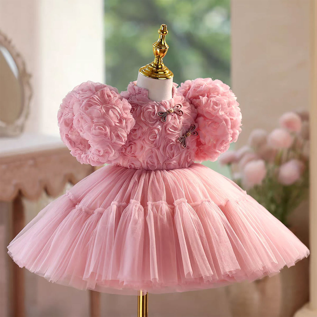 Lace Knee Length Birthday Party Princess Girl Dress Pink D092 Lace Knee Length Birthday Party Princess Girl Dress Pink D092