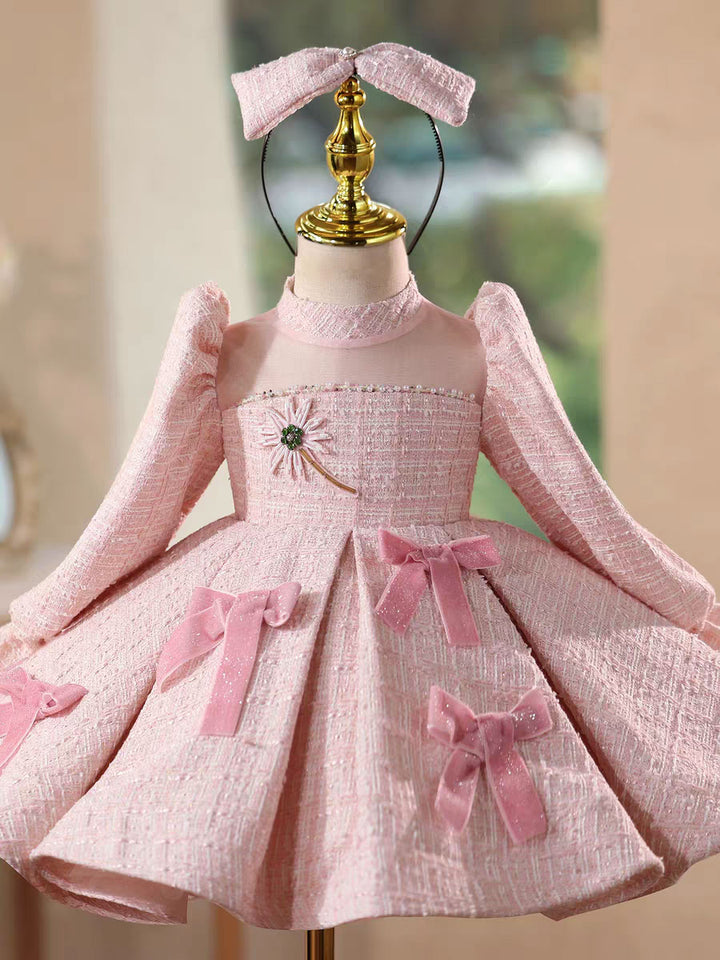 Elegant Pink Long Sleeve Princess Girl Dress for Birthday Party D205