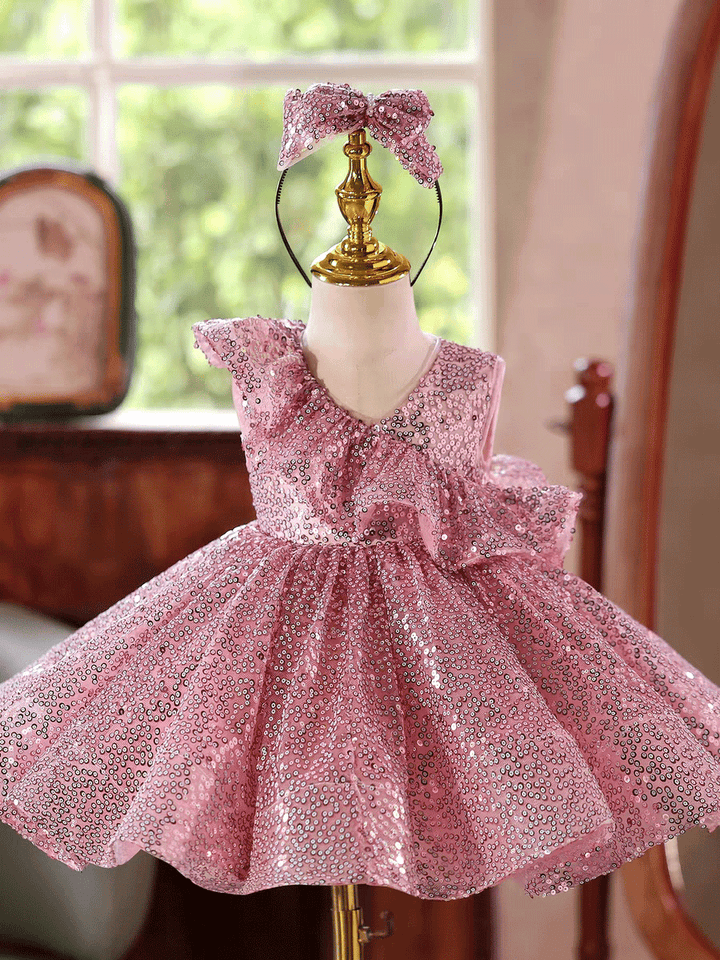 Luxury Pink Sequin Flower Girl Dress Puffy Princess Party Dress D246
