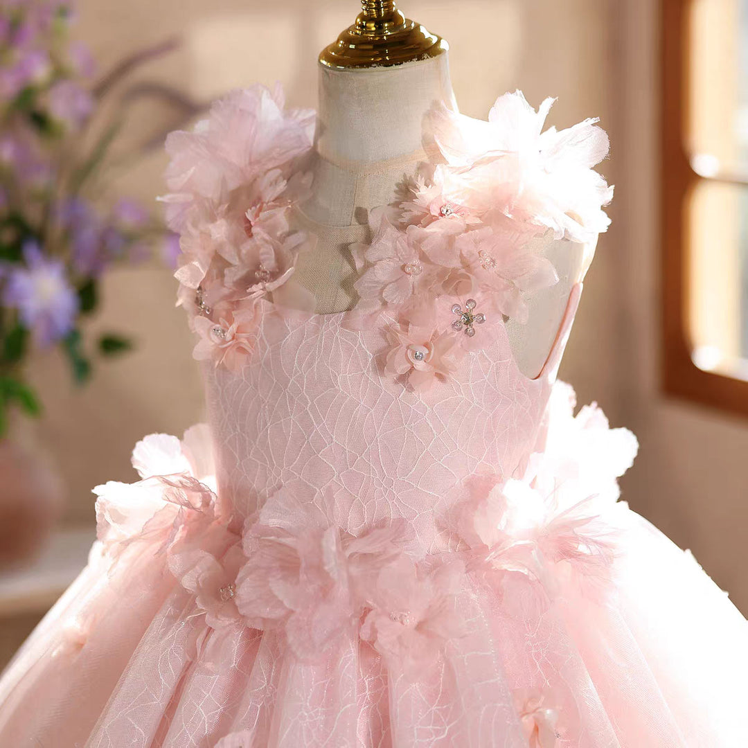 Luxury Pink 3D Floral Birthday Party Flower Girl Dress D238