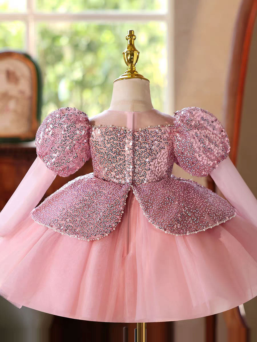 Sparkly Pink Birthday Party Dress with Puffy Sleeves and Sequins D180