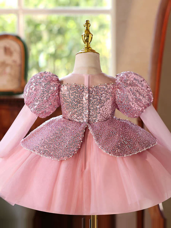 Sparkly Pink Birthday Party Dress with Puffy Sleeves and Sequins D180