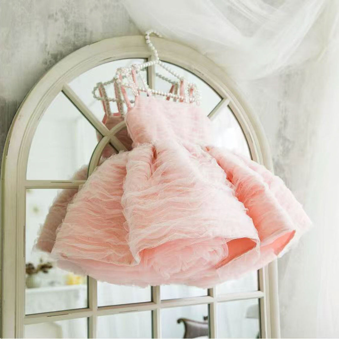 Cute Pink Puffy Tulle Flower Girl Dress Princess Short Dress for Birthday Wedding Party M037