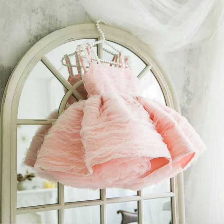 Cute Pink Puffy Tulle Flower Girl Dress Princess Short Dress for Birthday Wedding Party M037
