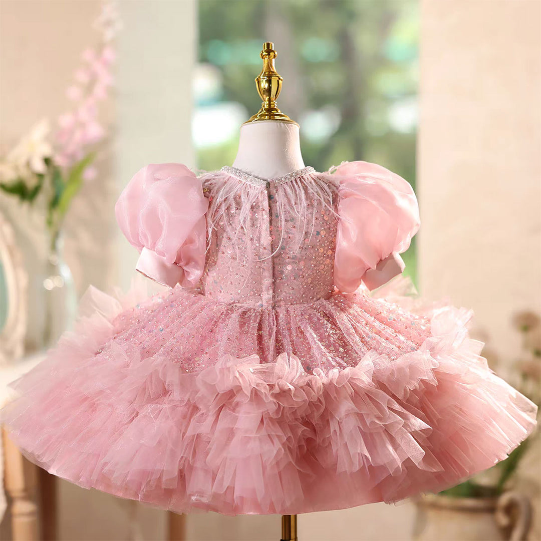 Elegant Pink Wedding Flower Girl Dress Glitter Top Ruffled Sleeves J576