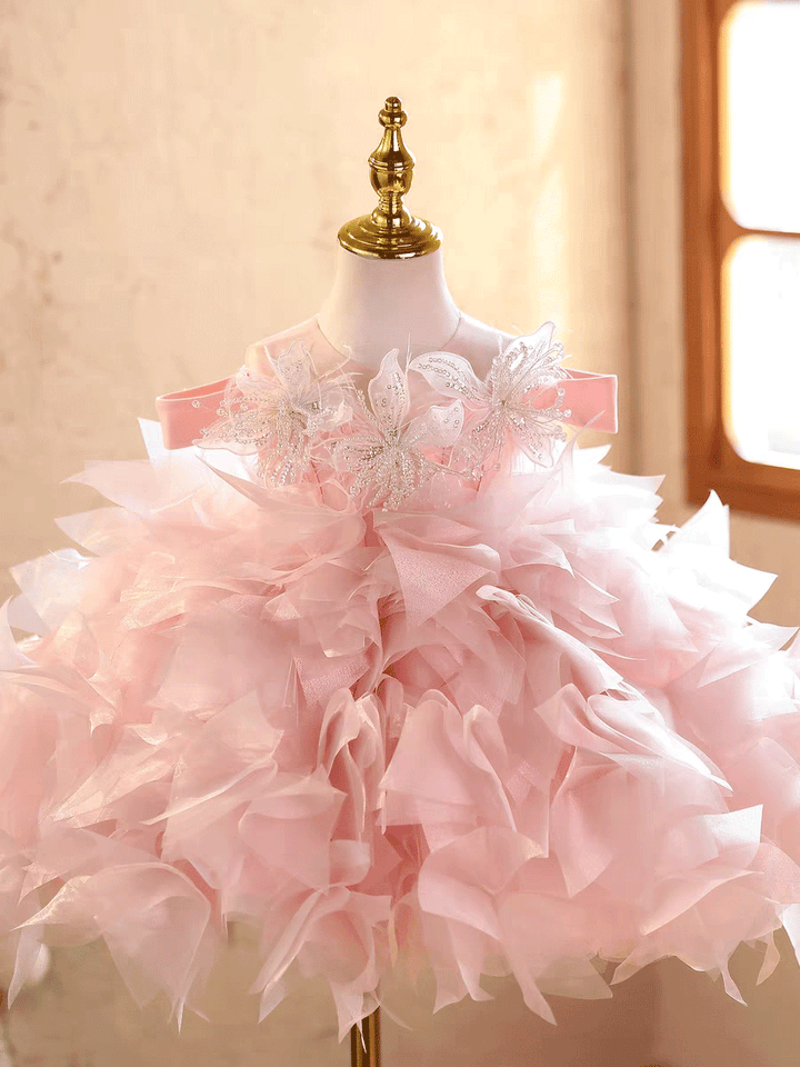 Pink Ruffle Flower Girl Dress with Butterfly Details Birthday Party Princess Gown J885