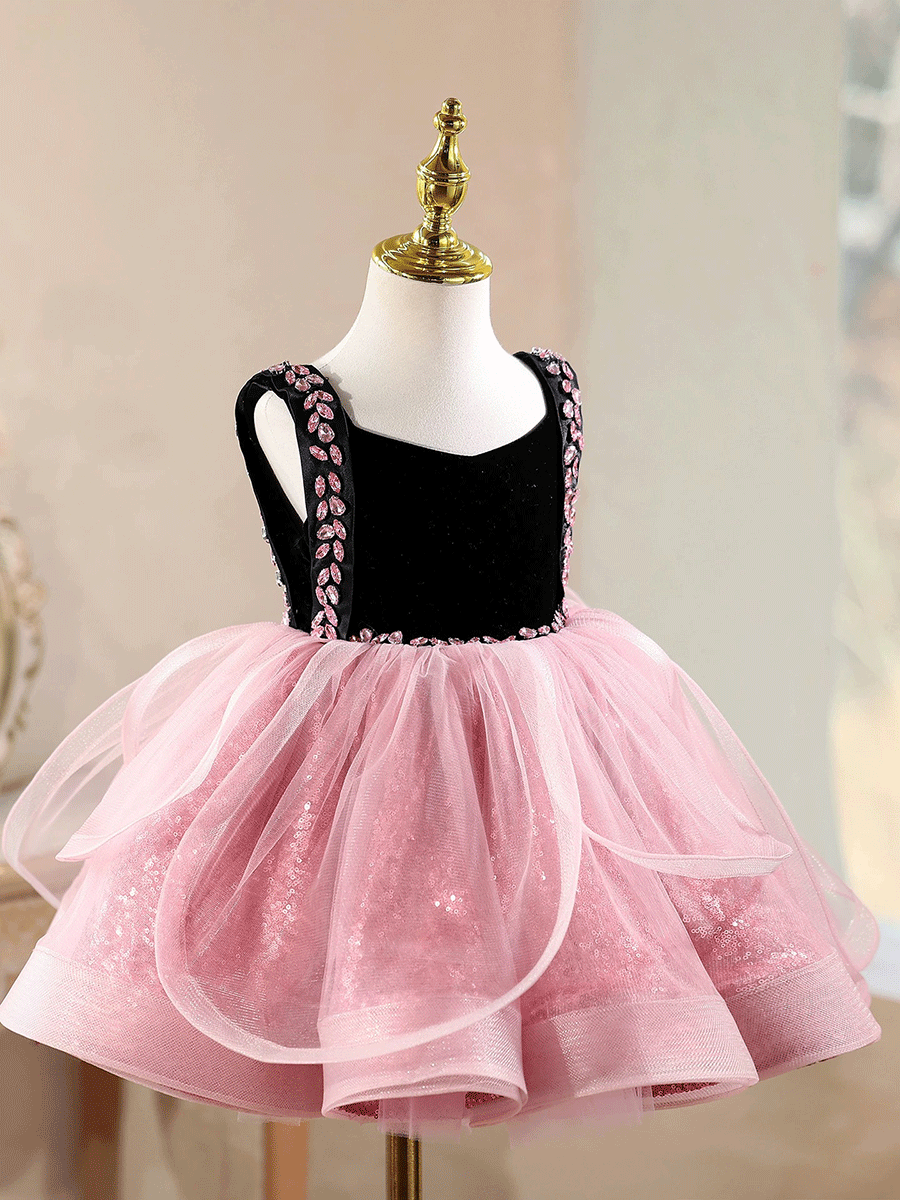 Luxury Pink Tulle Flower Girl Dress with Black Velvet Bodice Birthday Party Dress D257