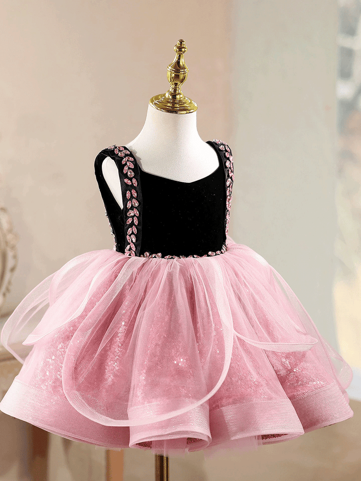Luxury Pink Tulle Flower Girl Dress with Black Velvet Bodice Birthday Party Dress D257