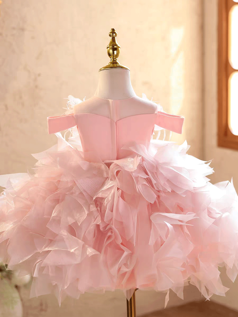 Pink Ruffle Flower Girl Dress with Butterfly Details Birthday Party Princess Gown J885