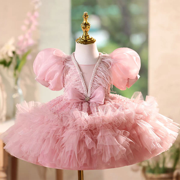 Elegant Pink Wedding Flower Girl Dress Glitter Top Ruffled Sleeves J576
