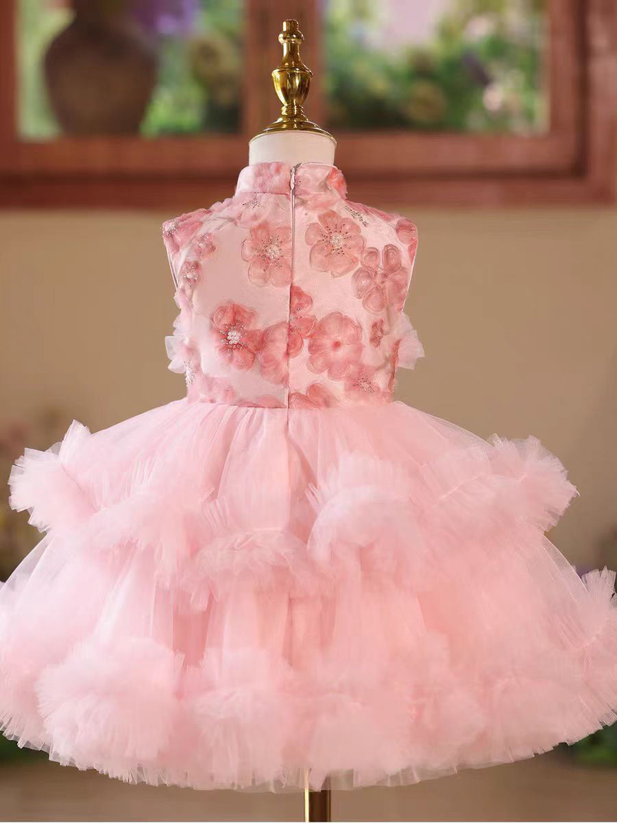 Princess Pink 3D Flowers Ruffled Kids Pageant Dress For Birthday Party D179