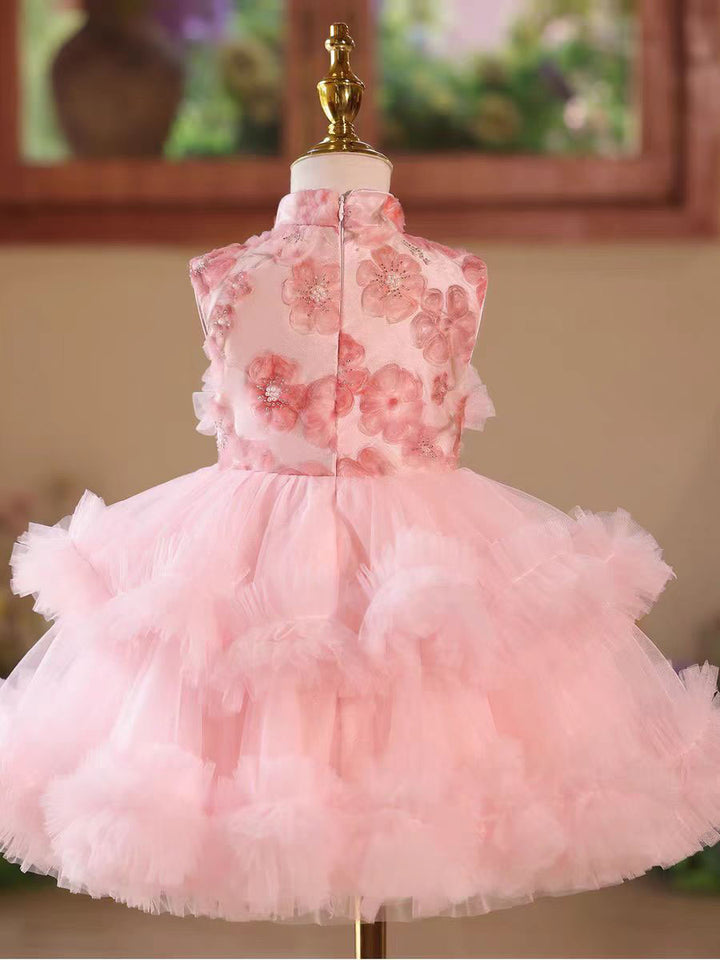 Princess Pink 3D Flowers Ruffled Kids Pageant Dress For Birthday Party D179