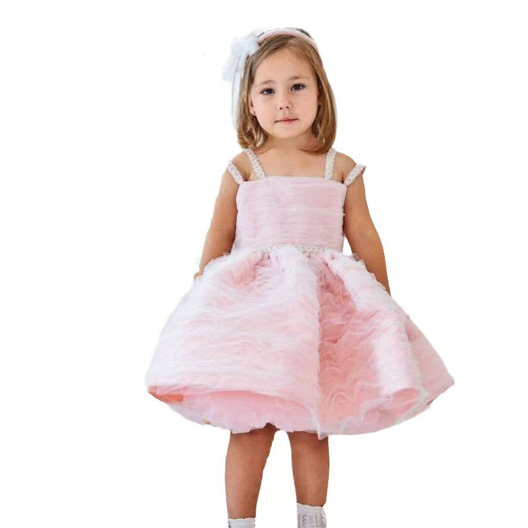 Cute Pink Puffy Tulle Flower Girl Dress Princess Short Dress for Birthday Wedding Party M037