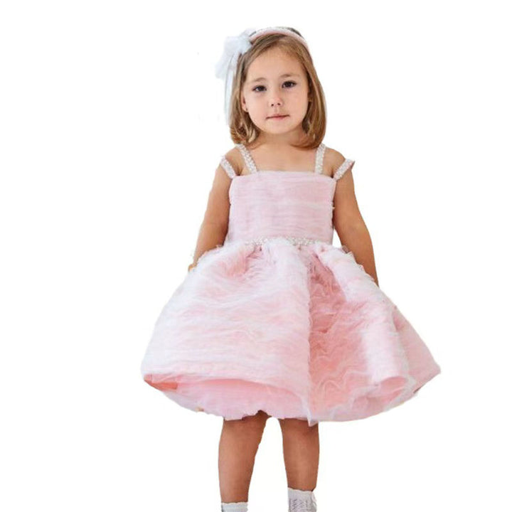 Cute Pink Puffy Tulle Flower Girl Dress Princess Short Dress for Birthday Wedding Party M037