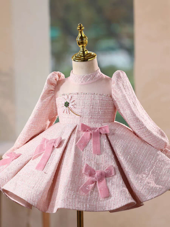 Elegant Pink Long Sleeve Princess Girl Dress for Birthday Party D205