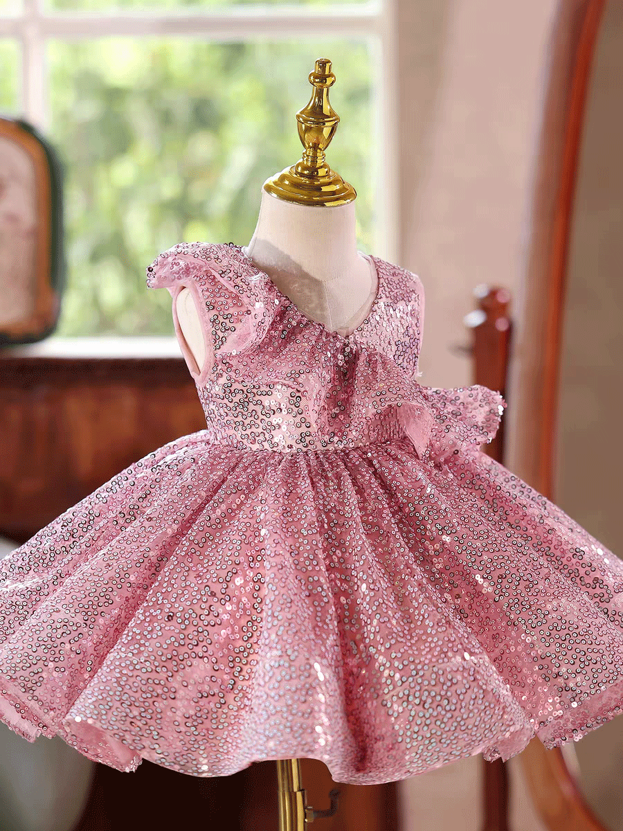 Luxury Pink Sequin Flower Girl Dress Puffy Princess Party Dress D246