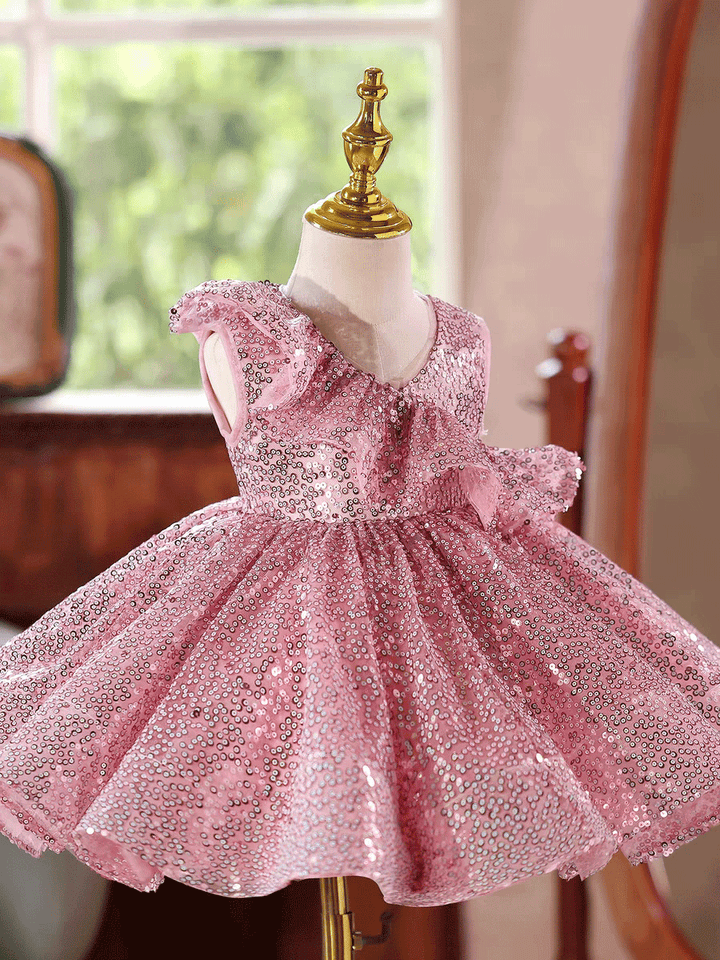 Luxury Pink Sequin Flower Girl Dress Puffy Princess Party Dress D246