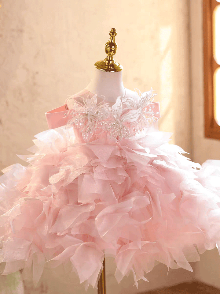 Pink Ruffle Flower Girl Dress with Butterfly Details Birthday Party Princess Gown J885