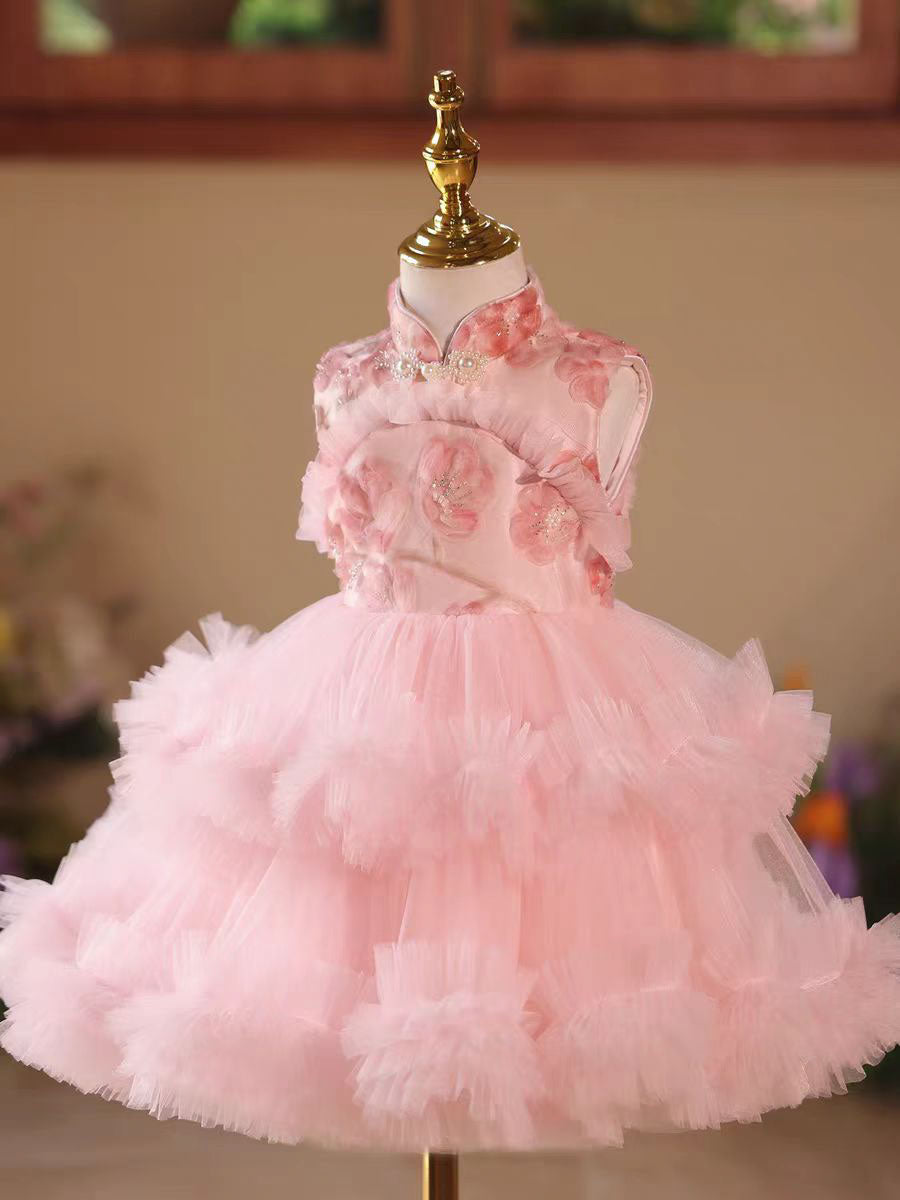 Princess Pink 3D Flowers Ruffled Kids Pageant Dress For Birthday Party D179