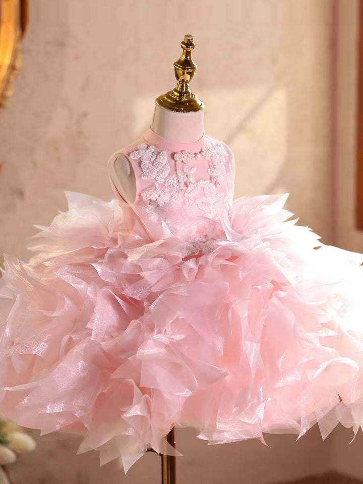 Luxury Pink Layered Ruffle Flower Girl Dress Kids Birthday Party D250