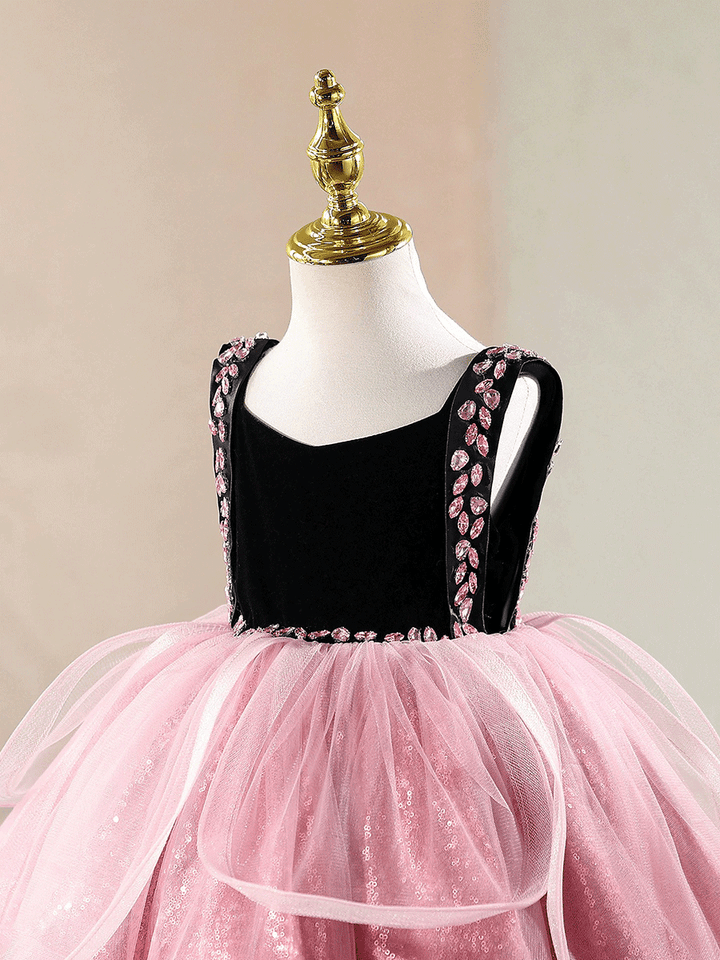 Luxury Pink Tulle Flower Girl Dress with Black Velvet Bodice Birthday Party Dress D257