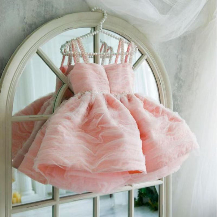 Cute Pink Puffy Tulle Flower Girl Dress Princess Short Dress for Birthday Wedding Party M037