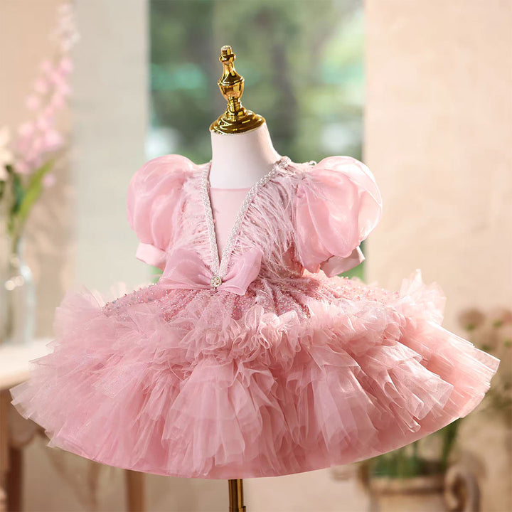 Elegant Pink Wedding Flower Girl Dress Glitter Top Ruffled Sleeves J576