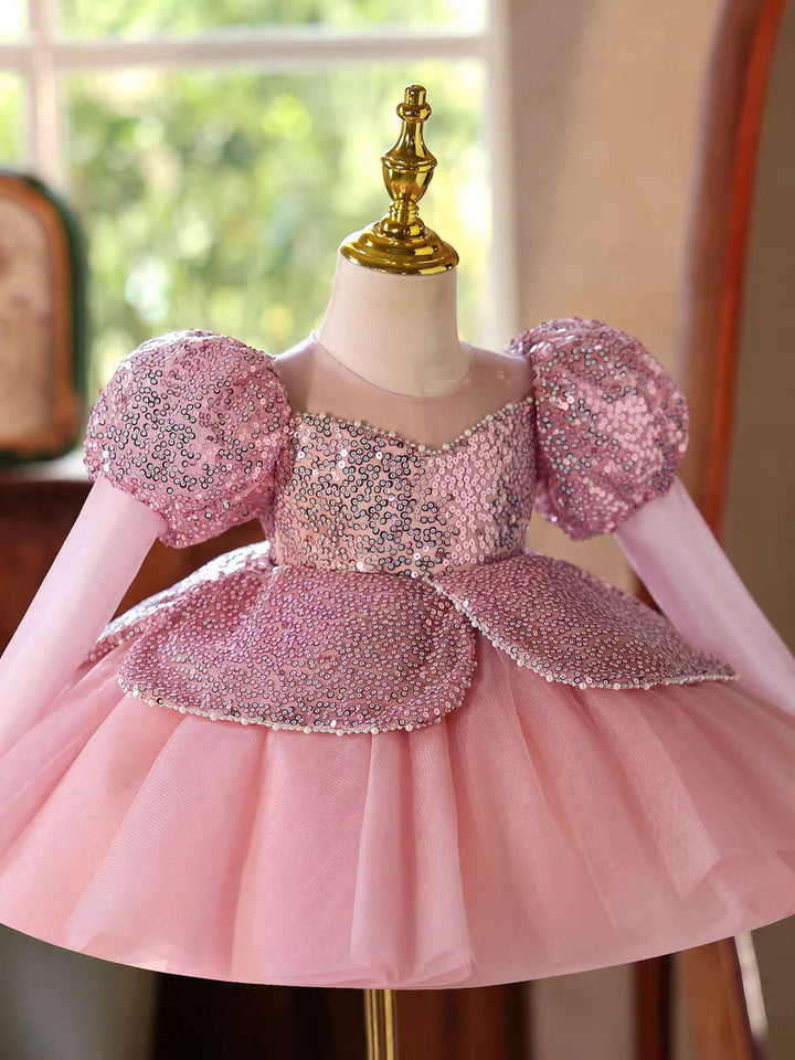 Sparkly Pink Birthday Party Dress with Puffy Sleeves and Sequins D180