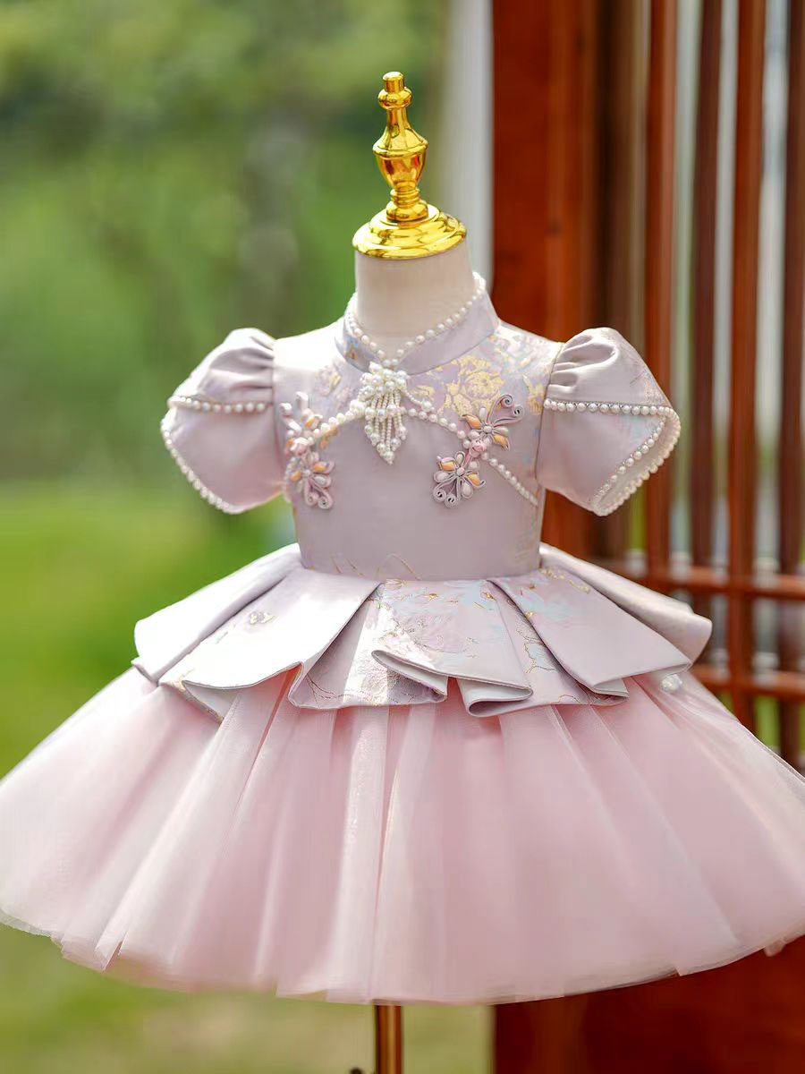 Elegant Pink Chinese Style Flower Girl Dress with Pearl Embroidery D177