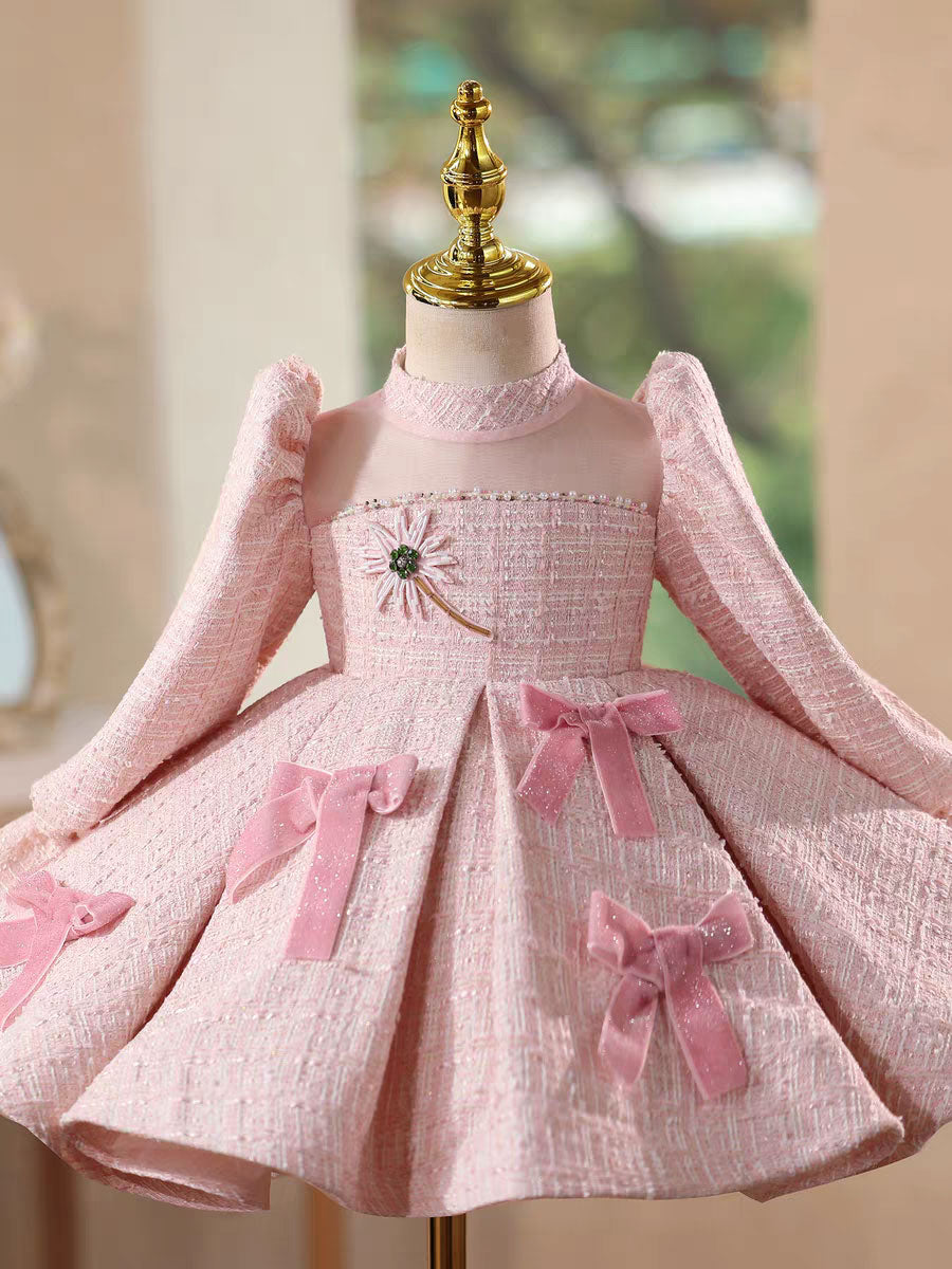 Elegant Pink Long Sleeve Princess Girl Dress for Birthday Party D205