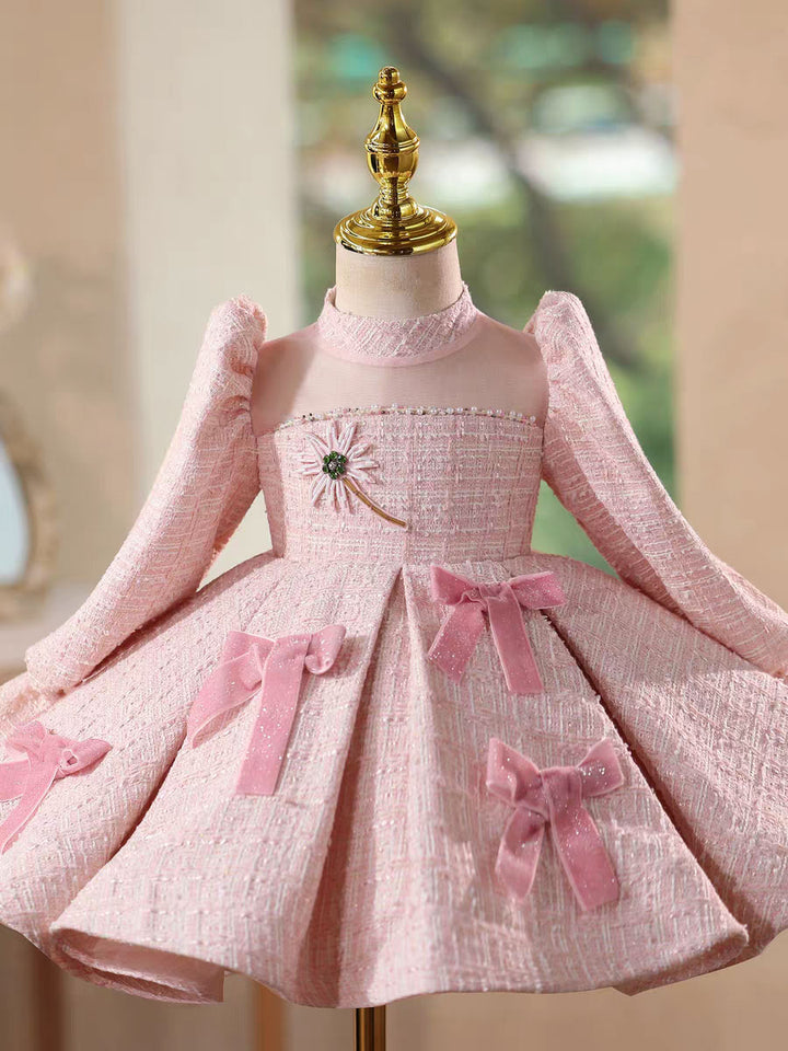 Elegant Pink Long Sleeve Princess Girl Dress for Birthday Party D205