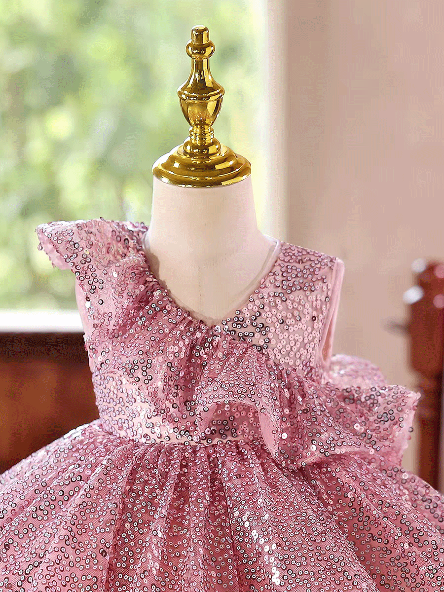 Luxury Pink Sequin Flower Girl Dress Puffy Princess Party Dress D246