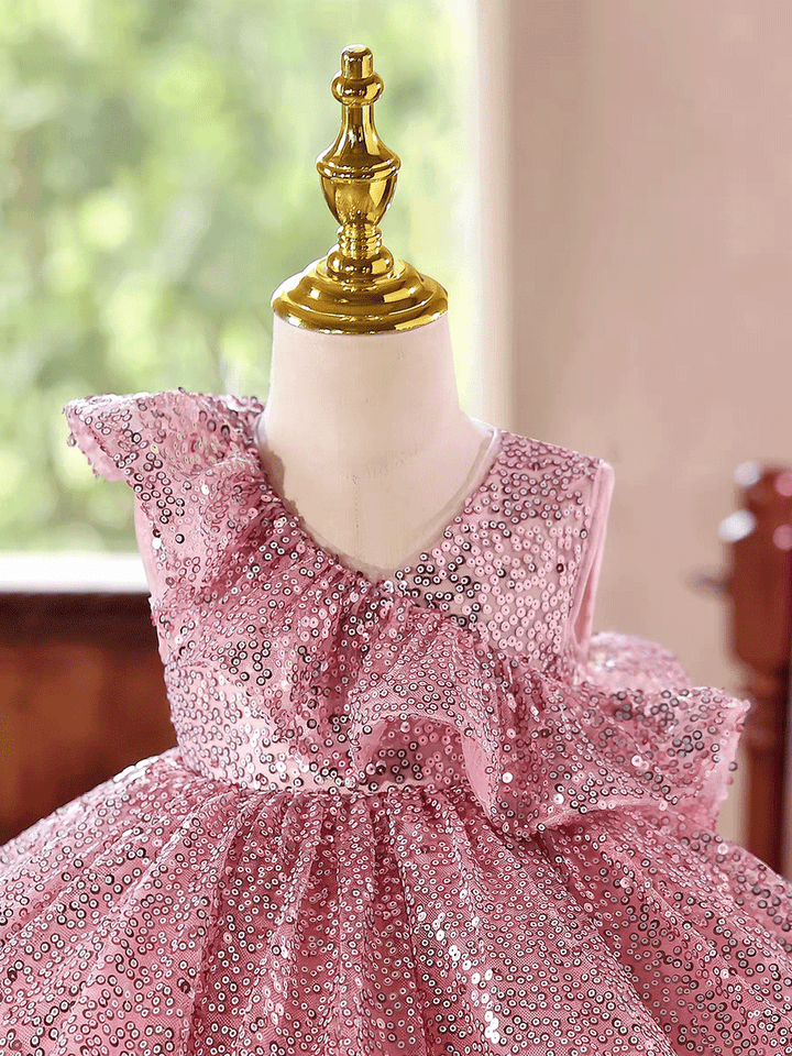 Luxury Pink Sequin Flower Girl Dress Puffy Princess Party Dress D246