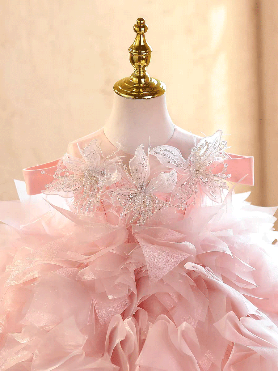 Pink Ruffle Flower Girl Dress with Butterfly Details Birthday Party Princess Gown J885