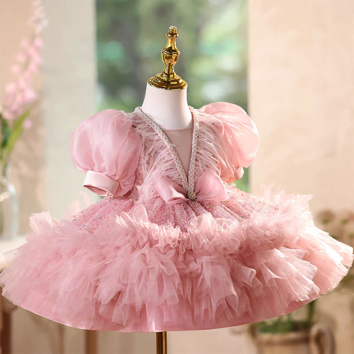 Elegant Pink Wedding Flower Girl Dress Glitter Top Ruffled Sleeves J576