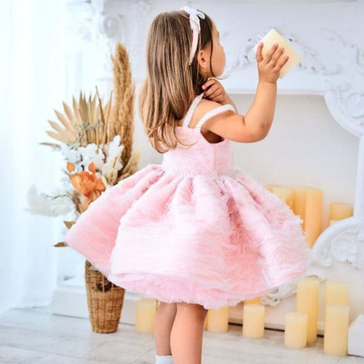 Cute Pink Puffy Tulle Flower Girl Dress Princess Short Dress for Birthday Wedding Party M037