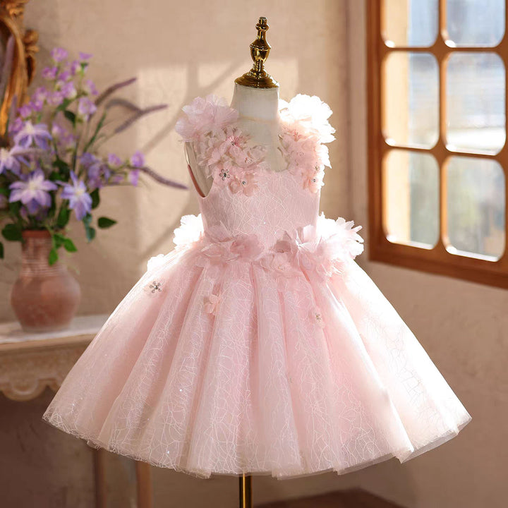 Luxury Pink 3D Floral Birthday Party Flower Girl Dress D238