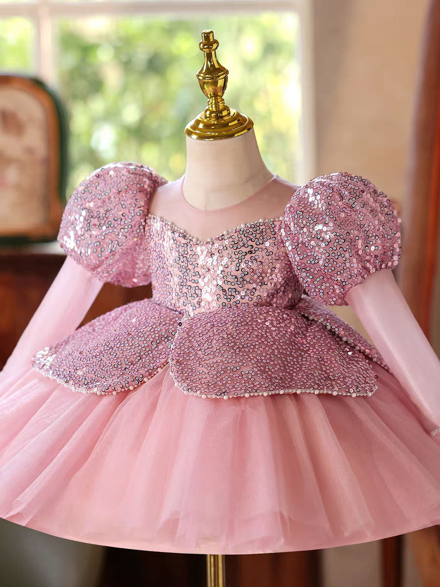 Sparkly Pink Birthday Party Dress with Puffy Sleeves and Sequins D180