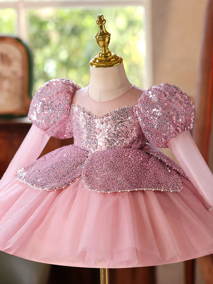 Sparkly Pink Birthday Party Dress with Puffy Sleeves and Sequins D180