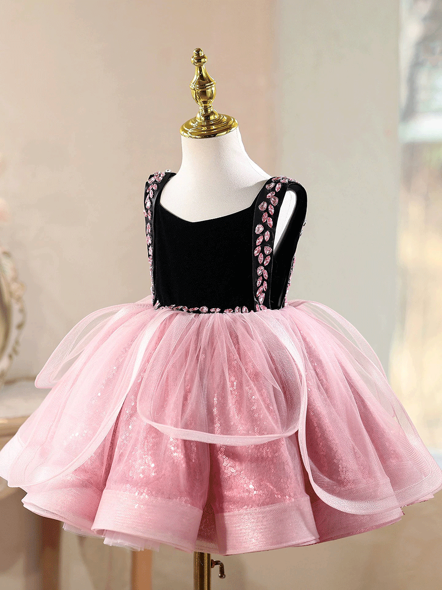 Luxury Pink Tulle Flower Girl Dress with Black Velvet Bodice Birthday Party Dress D257